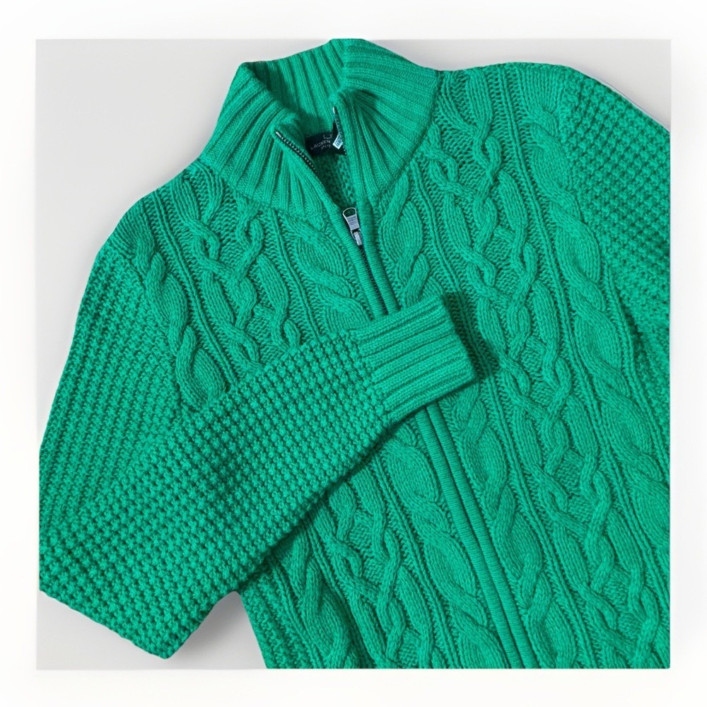 Lauren Ralph Lauren Full-zip Jacket‎ Cable Knit Sweater Women's SZ L Large Green